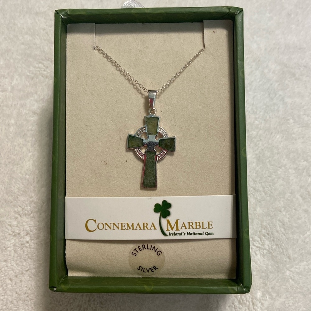 Sterling silver 925 Celtic Connemara marble Ireland cross necklace